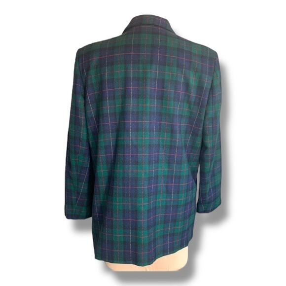 Vintage 90s Petite Green Navy Blue Plaid Wool Blazer Jacket Gold Buttons Preppy - Picture 3 of 11